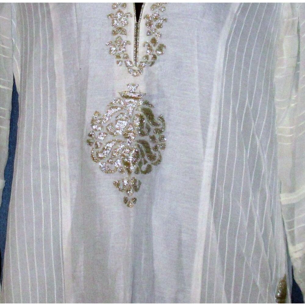 'Bella Tu' Boho Ivory Embellished Tunic ✨ Gold Sequin Sheer Kurta Top - Picture 6 of 7